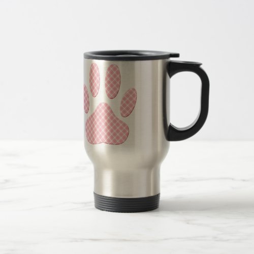 Pink And White Tartan Dog Paw Print Travel Mug