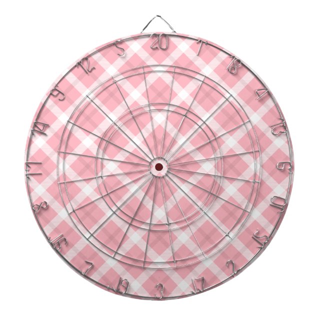 Pink And White Tartan Pattern Dartboard With Darts (Front)
