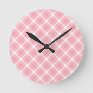 Pink And White Tartan Pattern Round Clock