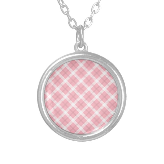 Pink And White Tartan Pattern Silver Plated Necklace (Front)
