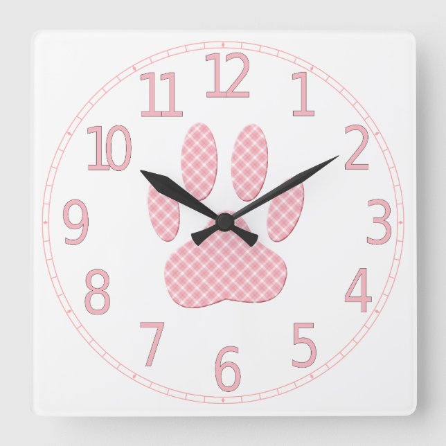 Pink And White Tartan Paw Print Square Wall Clock (Front)