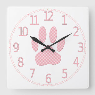 Pink And White Tartan Paw Print Square Wall Clock