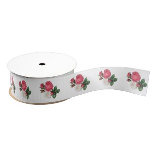 Pink and White Tea Roses Grosgrain Ribbon 1.5