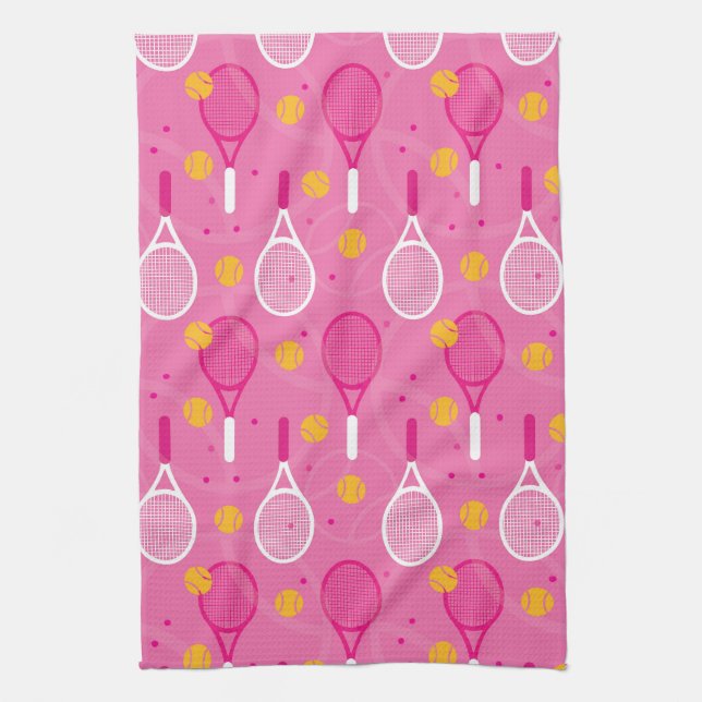 Pink and white tennis racket pattern  kitchen towel (Vertical)