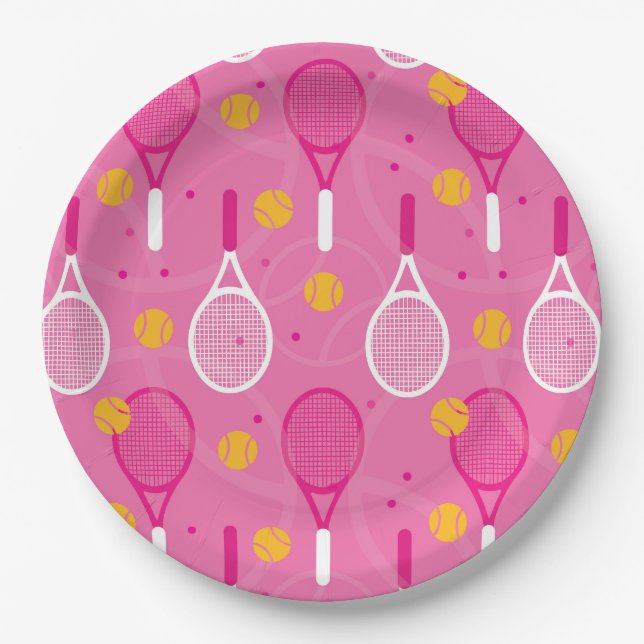 Pink and white tennis racket pattern  paper plates (Front)