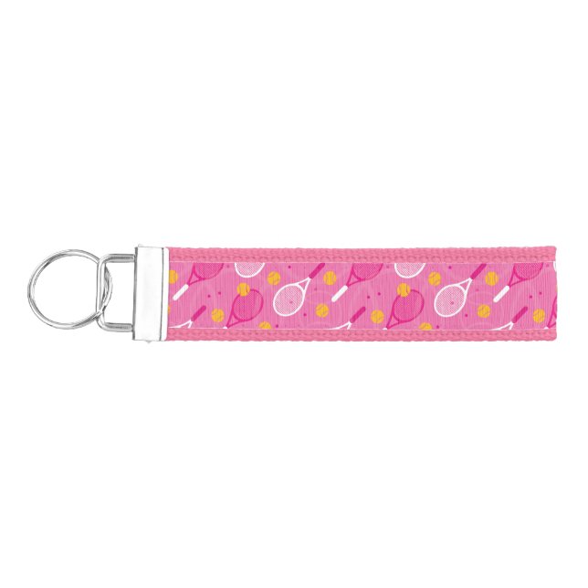 Pink and white tennis racket pattern wrist keychain (Keys on Left)