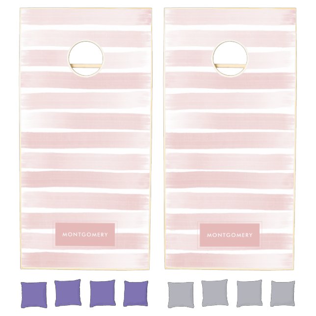 Pink and White Textured Stripes Personalized Cornhole Set (Set)
