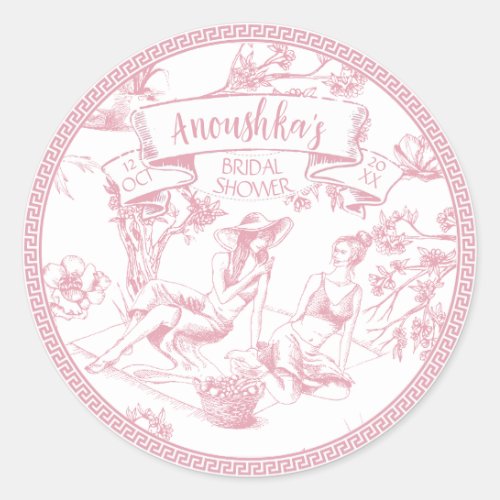 Pink and White Toile de Jouy Bridal Shower Classic Round Sticker