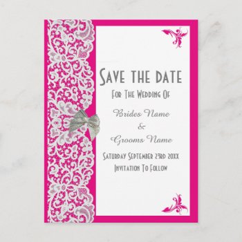 Pink And White Traditional Lace Save The Date Announcement Postcard by personalized_wedding at Zazzle