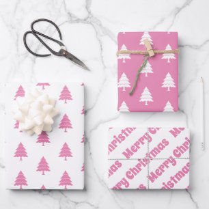 Pink and white trees Merry Christmas holiday Wrapping Paper Sheets