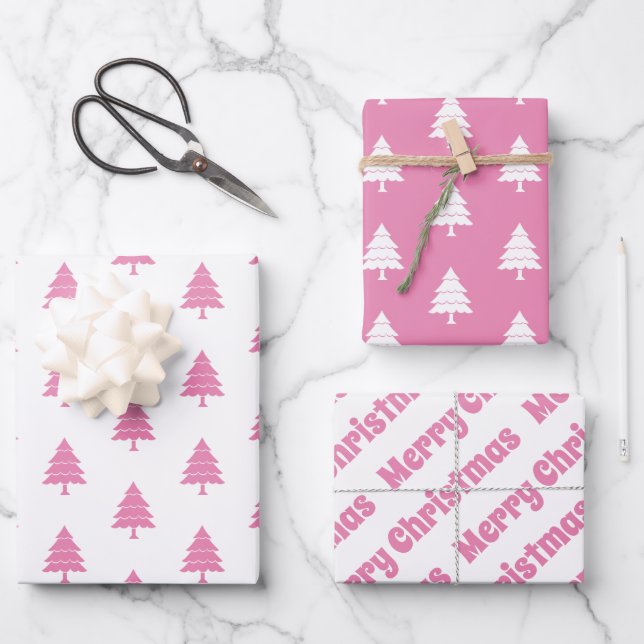 Pink and white trees Merry Christmas holiday Wrapping Paper Sheets (Front)
