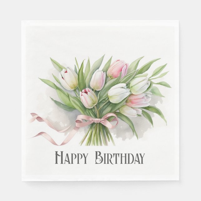 Pink and White Tulip Birthday Bouquet Napkins (Front)