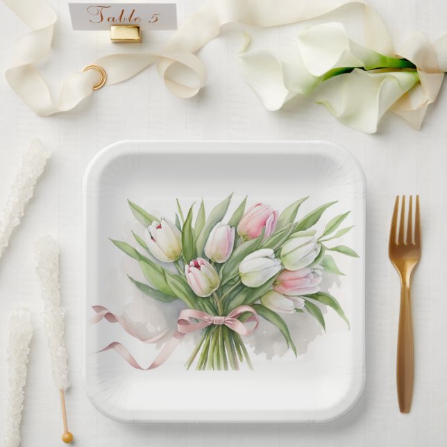 Pink and White Tulip Bouquet Paper Plates (Wedding)