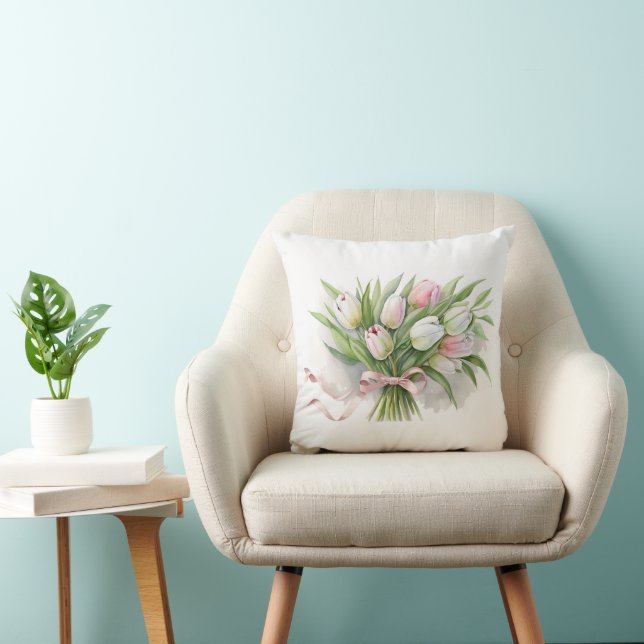 Pink and White Tulip Bouquet Throw Pillow (Chair)