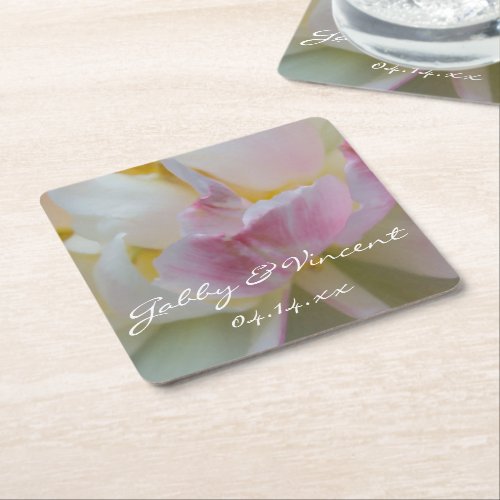 Pink and White Tulip Flower Spring Wedding Square Paper Coaster