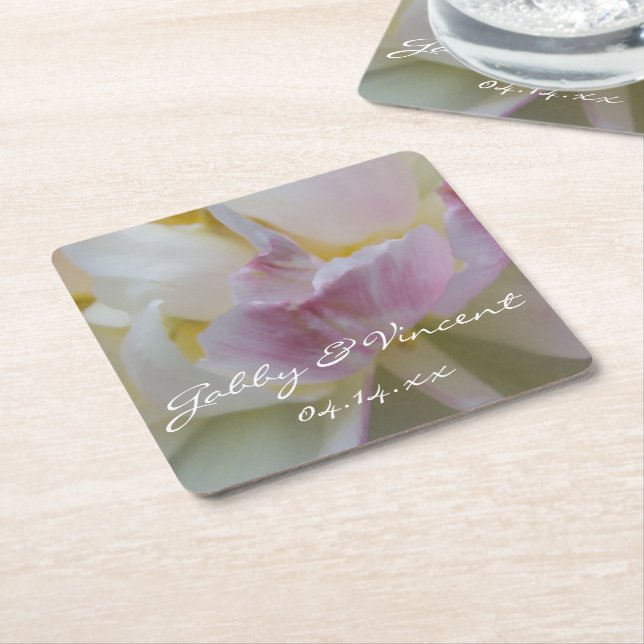Pink and White Tulip Flower Spring Wedding Square Paper Coaster (Angled)