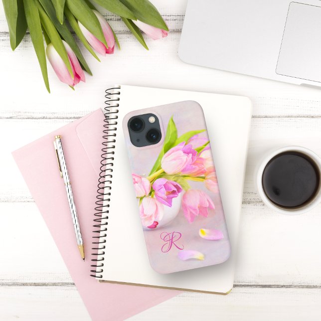 Pink And White Tulips In Tea Cups Monogram Case-Mate iPhone Case (Creator Uploaded)