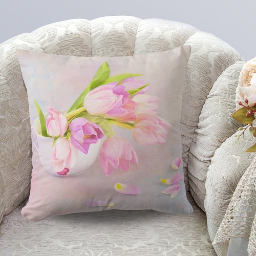 Pink And White Tulips In Tea Cups  Throw Pillow
