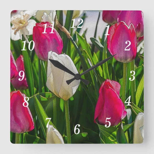 Pink And White Tulips Painterly Wall Clock (Front)
