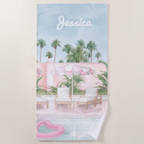 Pink and White Umbrella by the Pool Beach Towel