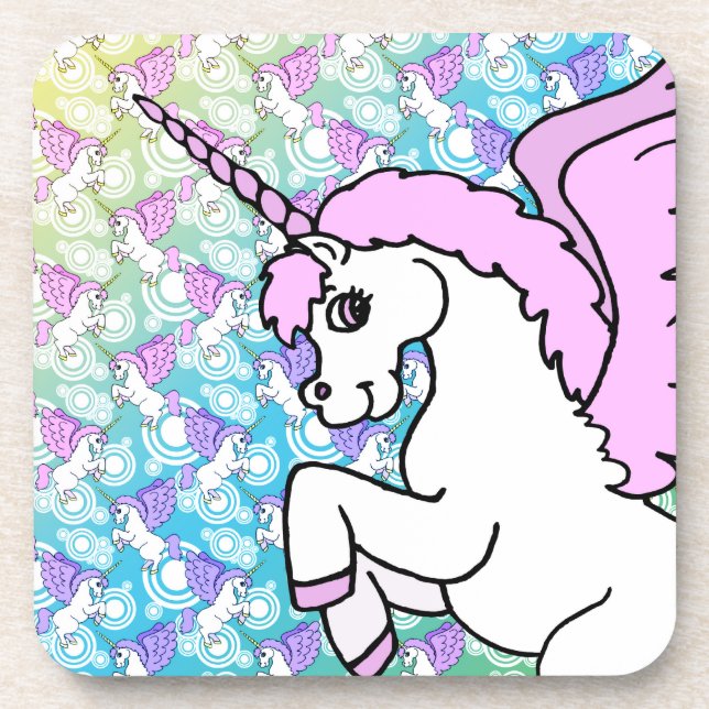 Pink and White Unicorn Graphic Beverage Coaster (Front)