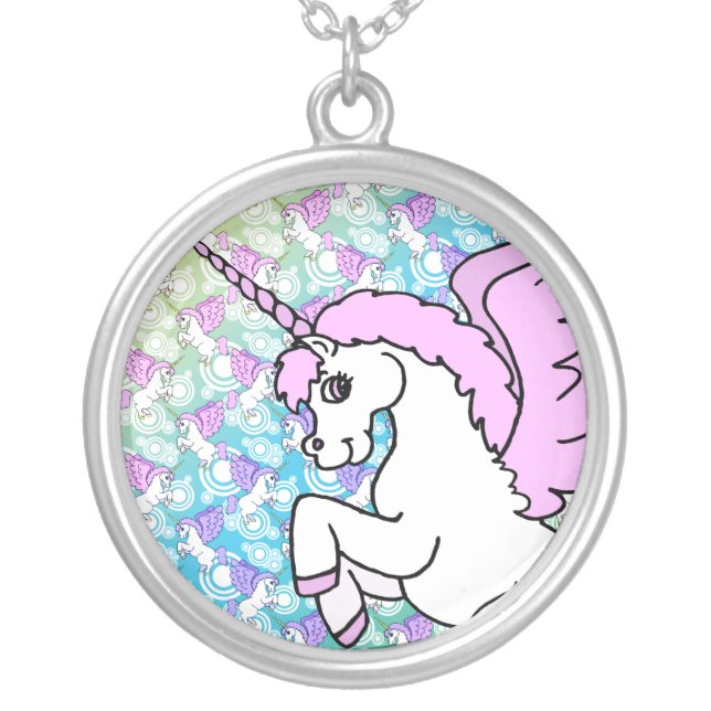 Pink and White Unicorn Graphic Silver Plated Necklace (Front)