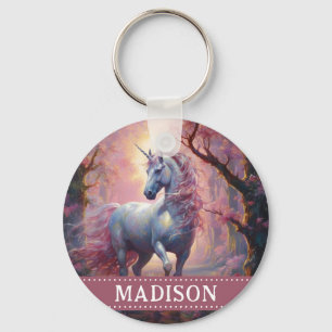 Pink and White Unicorn Keychain with Custom Name