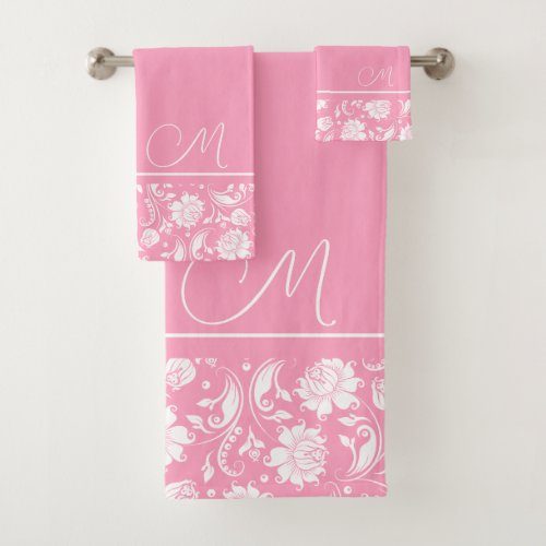 Pink and white vintage damasks monogram 2 bath tow bath towel set