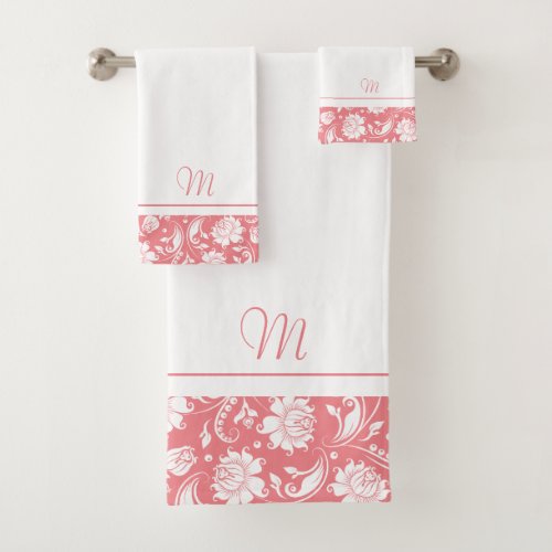 Pink and white vintage damasks monogram bath towel set