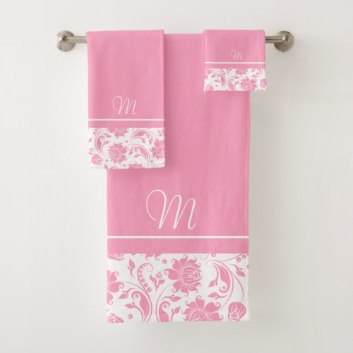 Pink and white vintage damasks monogram bath towel set