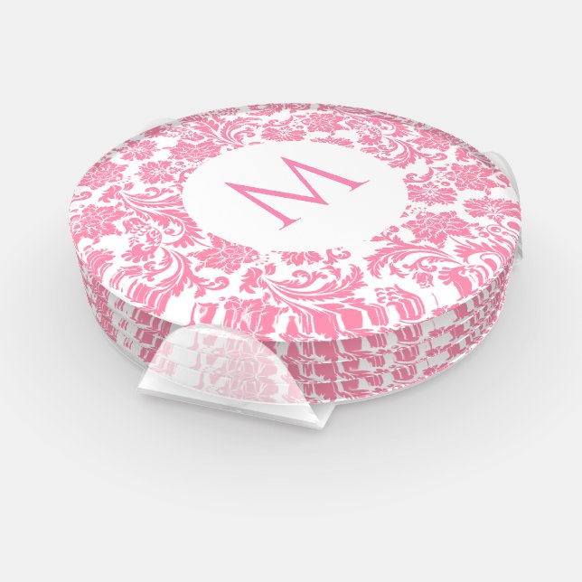 Pink and white vintage damasks monogram coaster set (Set)