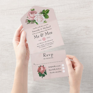 Pink and White Vintage Floral Wedding All In One Invitation