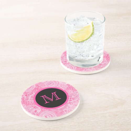 Pink And White Vintage Paisley 2 Monogram Drink Coaster