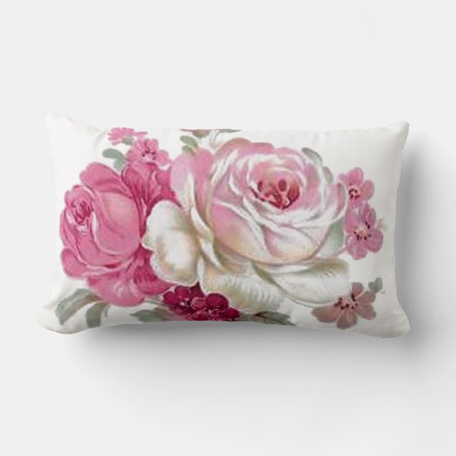 Pink and White Vintage Roses Lumbar Pillow (Front)
