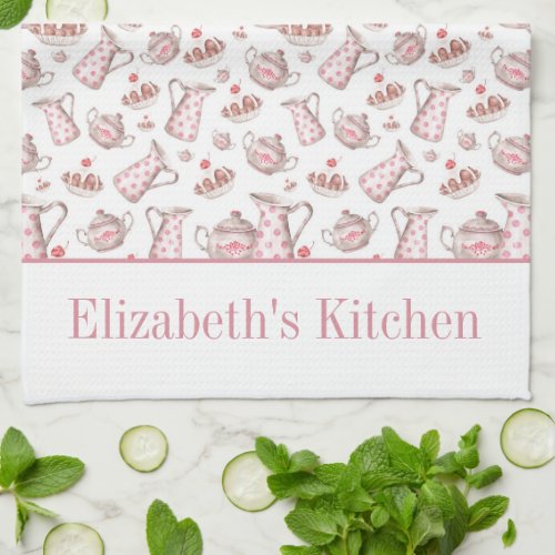 Pink and White Watercolor Bakery Desserts Kitchen Towel
