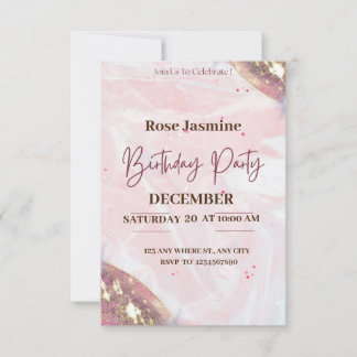 pink and white watercolor birthday party invitation