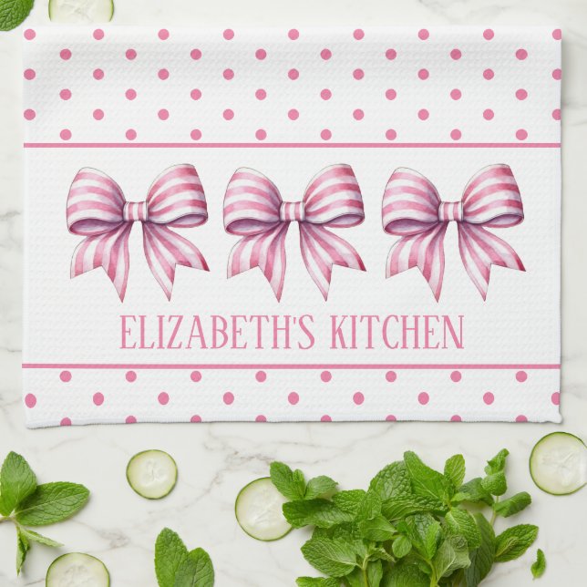 Pink and White Watercolor Bows Personalized Kitchen Towel (Folded)