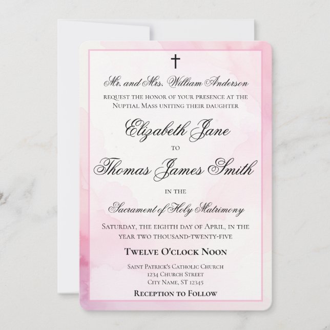 Pink and White Watercolor Catholic Wedding Invitation (Front)