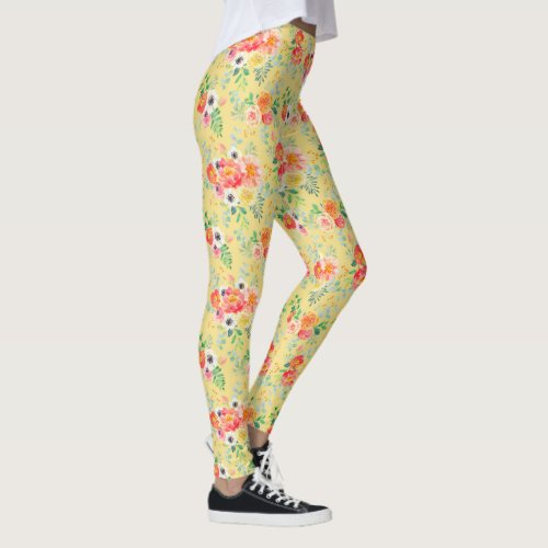 Pink and White Watercolor Floral Yellow Leggings