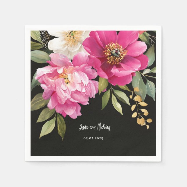 Pink and White Watercolor Peony Floral Wedding Napkins (Front)