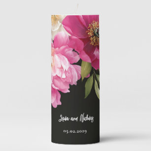 Pink and White Watercolor Peony Floral Wedding Pillar Candle