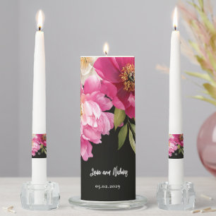 Pink and White Watercolor Peony Floral Wedding Unity Candle Set