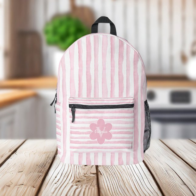 Pink and White Watercolor Stripes Flower Monogram Printed Backpack (Creator Uploaded)