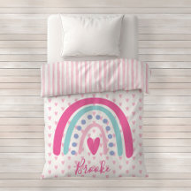 Pink and White Watercolor Stripes Hearts & Rainbow