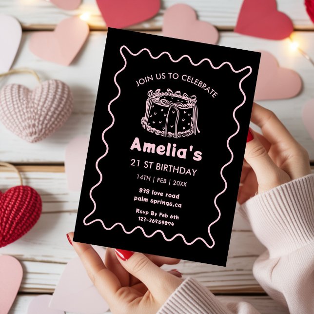 Pink and white Wavy Birthday hand drawn cake Invitation (Creator Uploaded)