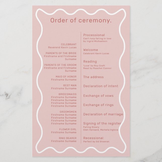 Pink and White Wavy Border Ceremony Program (Back)