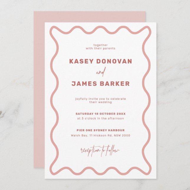 Pink and White Wavy Border Wedding Invitation (Front/Back)