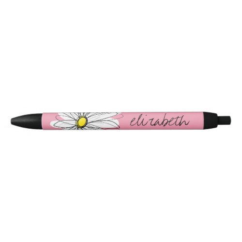 Pink and White Whimsical Daisy with Custom Text Black Ink Pen