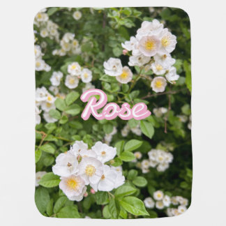 Pink and White Wild Roses on Green Custom Name Baby Blanket