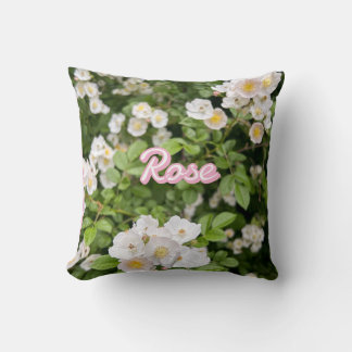 Pink and White Wild Roses on Green Custom Name Throw Pillow